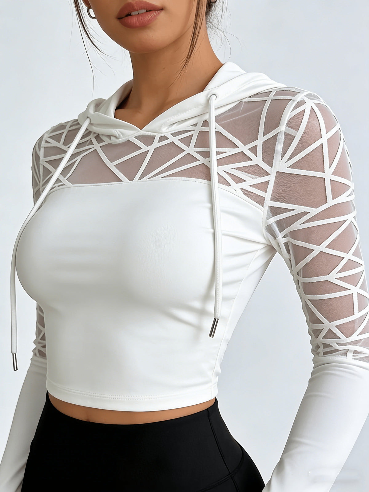 Mesh Panel Cropped Hoodie - White