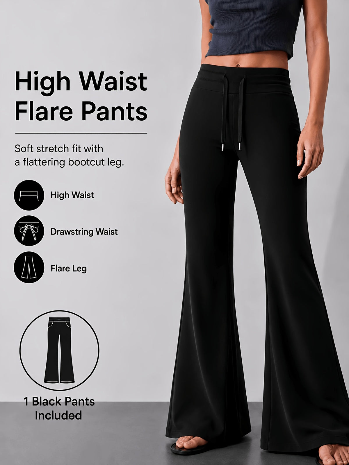 Drawstring Waist Bootcut Flare Leggings - Black