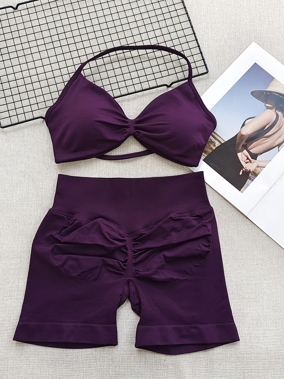 Halter Neck Bra & Hip Lift Shorts Set - Purple