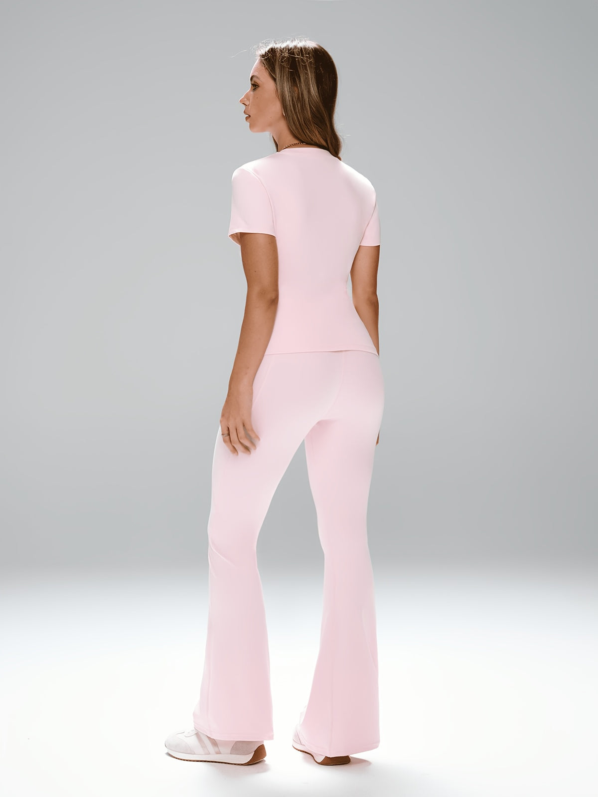 Short Sleeve Top & Flare Pants Set - Pink Red