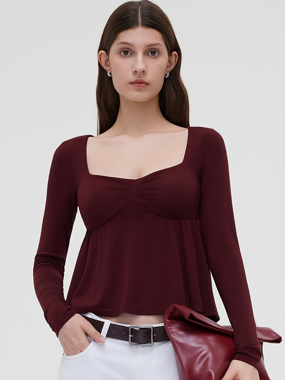 Ruffle Trim Doll Neck Long Sleeve Top - Burgundy