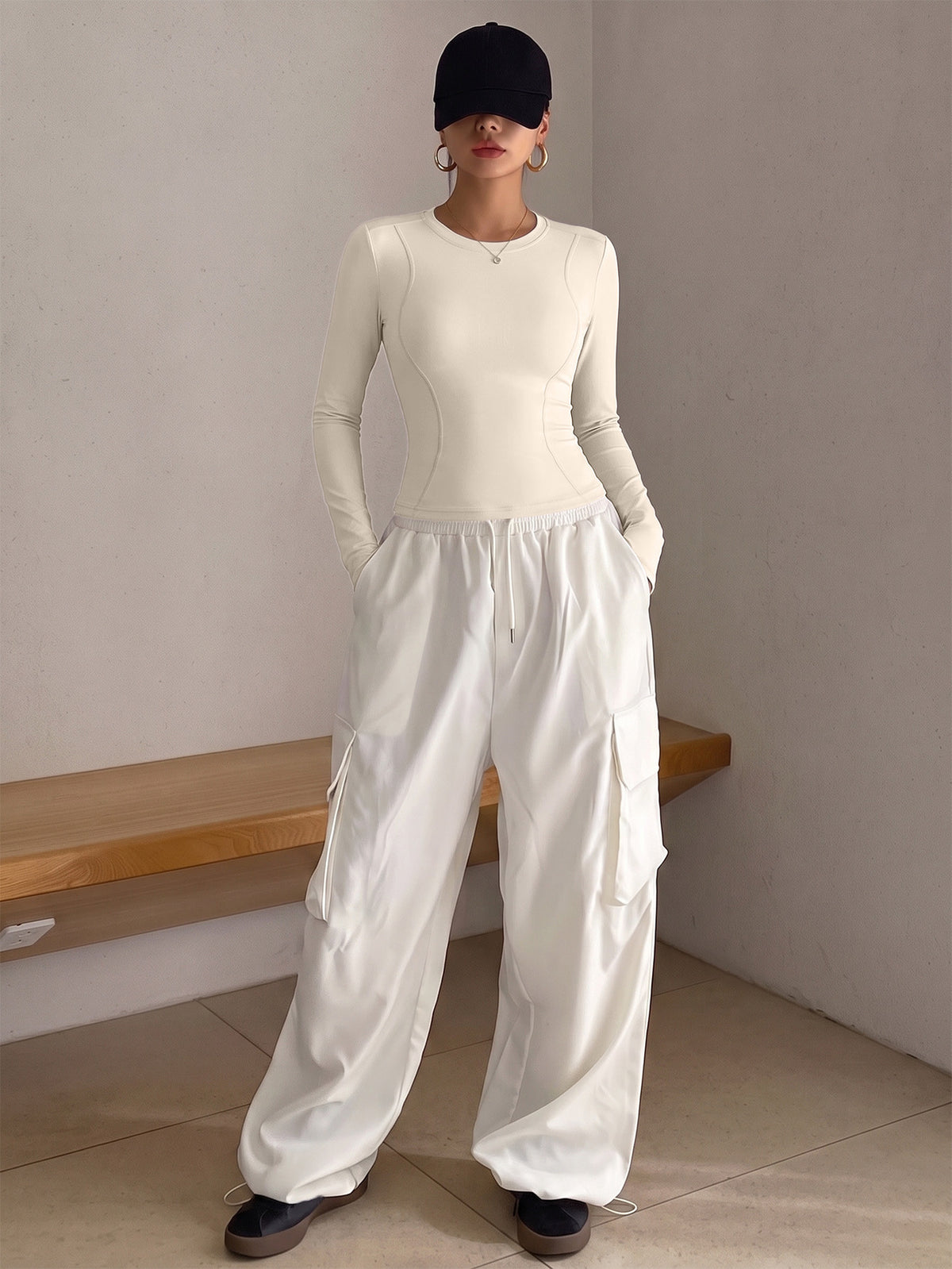 Round Neck Shaping Long Sleeve Top - Ivory White