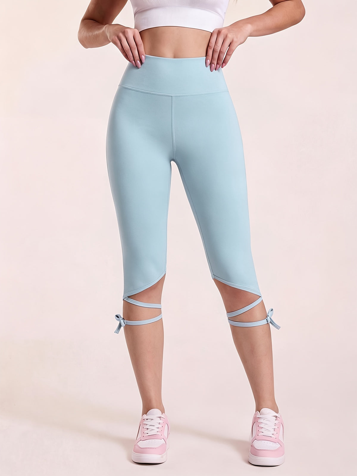 Cross Strap Capri Leggings - Light Blue