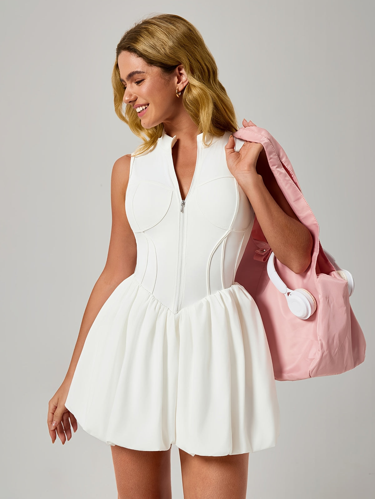 Zip Front Romper Dress - White