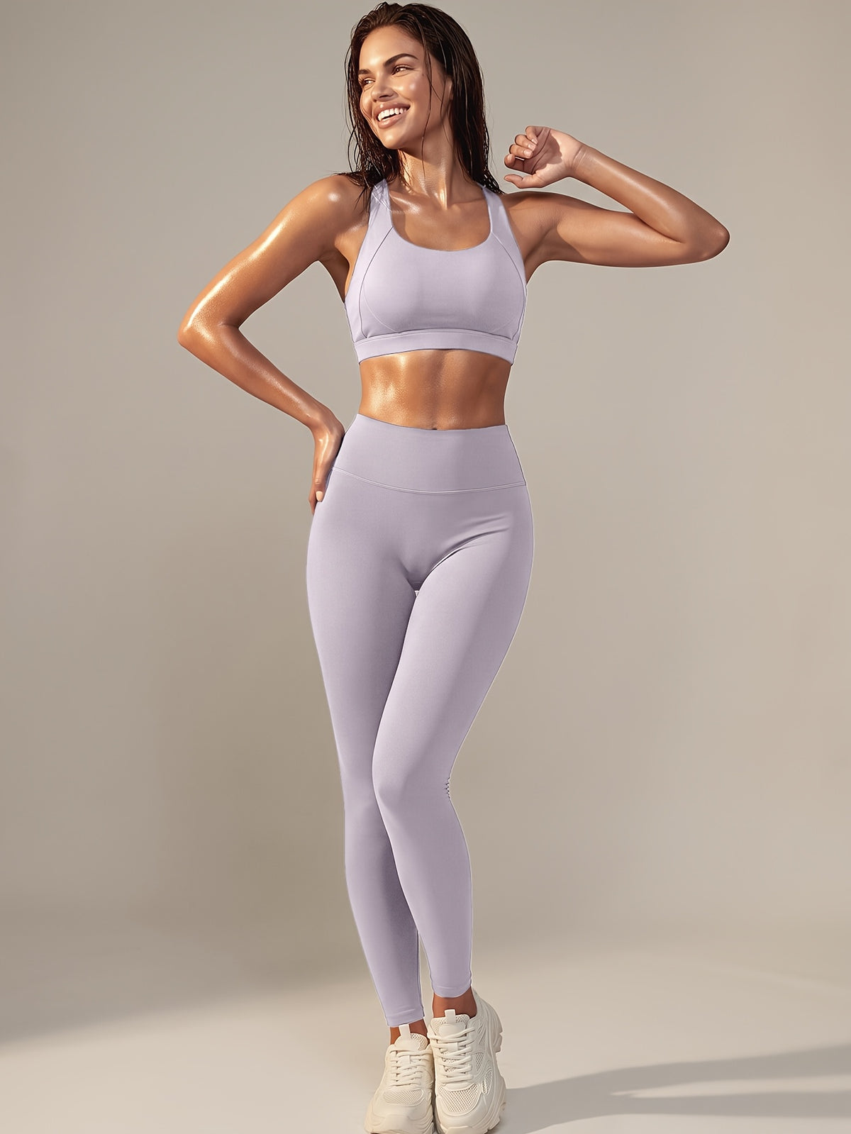 Criss Cross Bra & Pocket Leggings Set - Light Purple