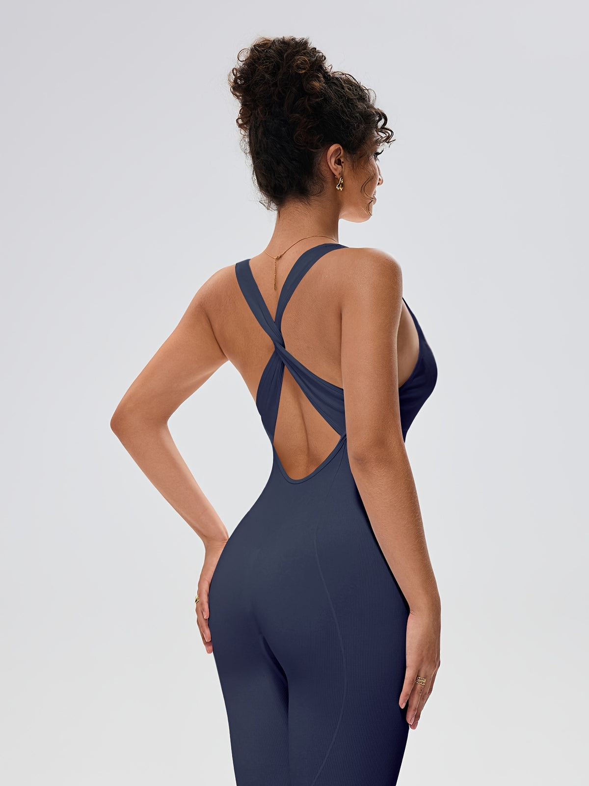 Cross Back Ribbed Jumpsuit - Navy