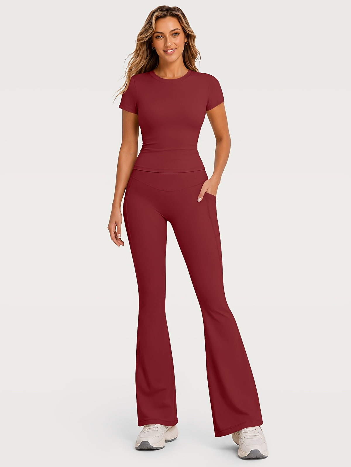 Fitted Tee & Flare Pants Set - Burgundy