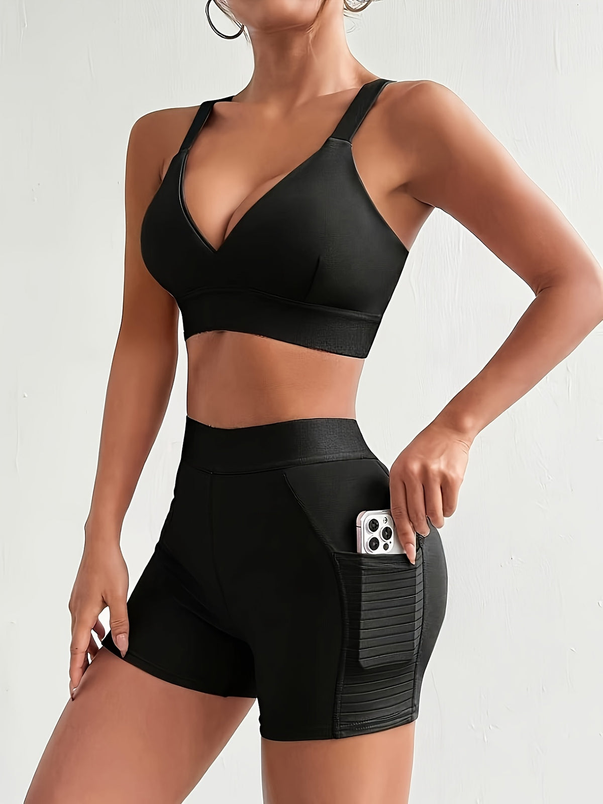 V Neck Bra & Letter Tee 3 Piece Set - Black And White