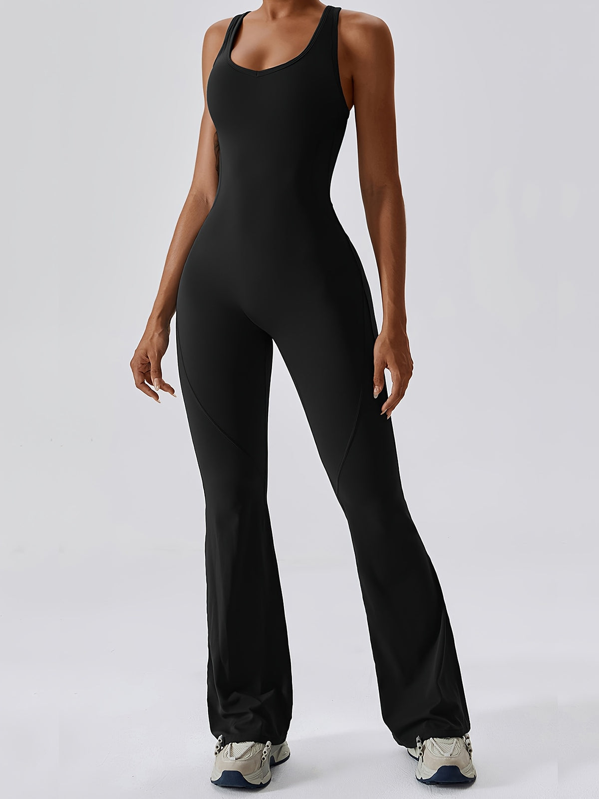 Open Back Padded Flare Jumpsuit - Black