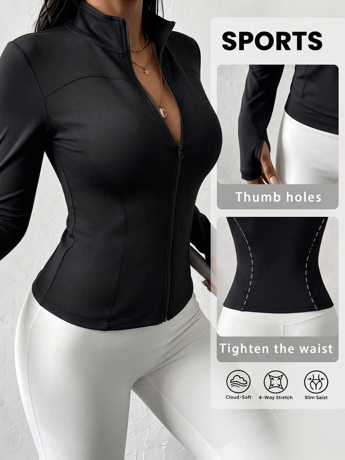 High Neck Thumbhole Zip Jacket - Black