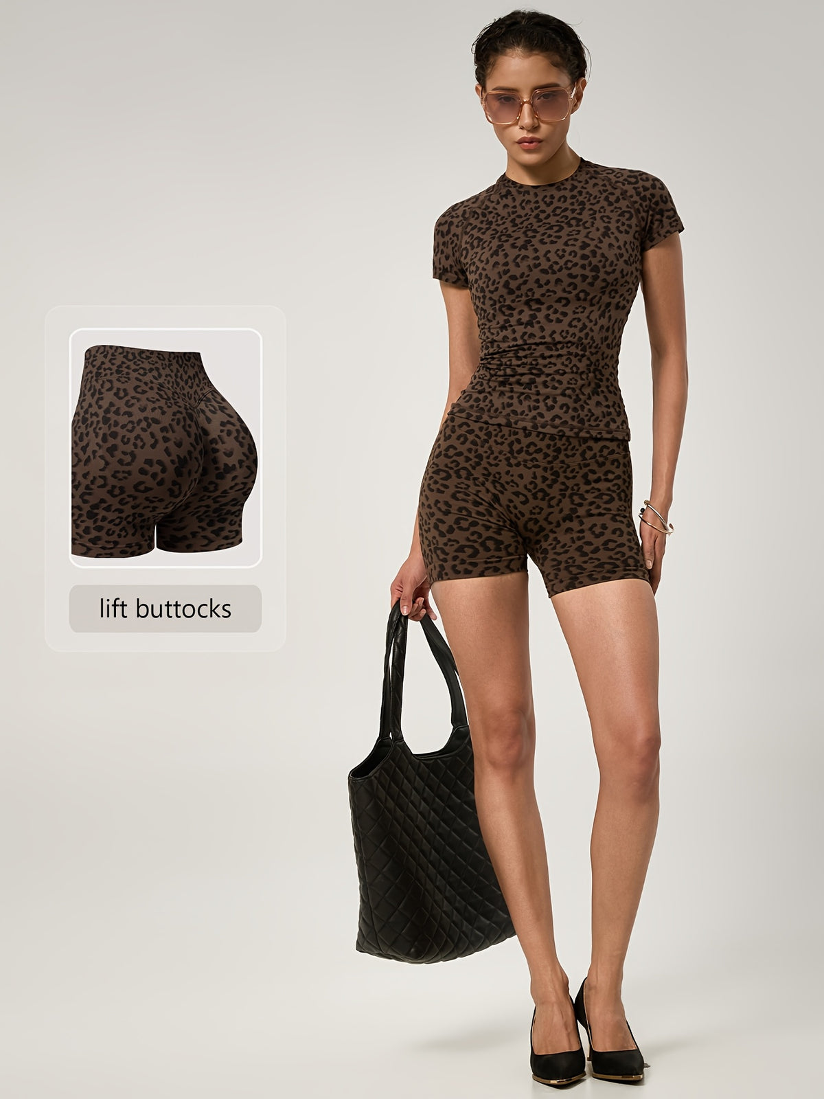 Leopard Tee & Biker Shorts Set - Brown