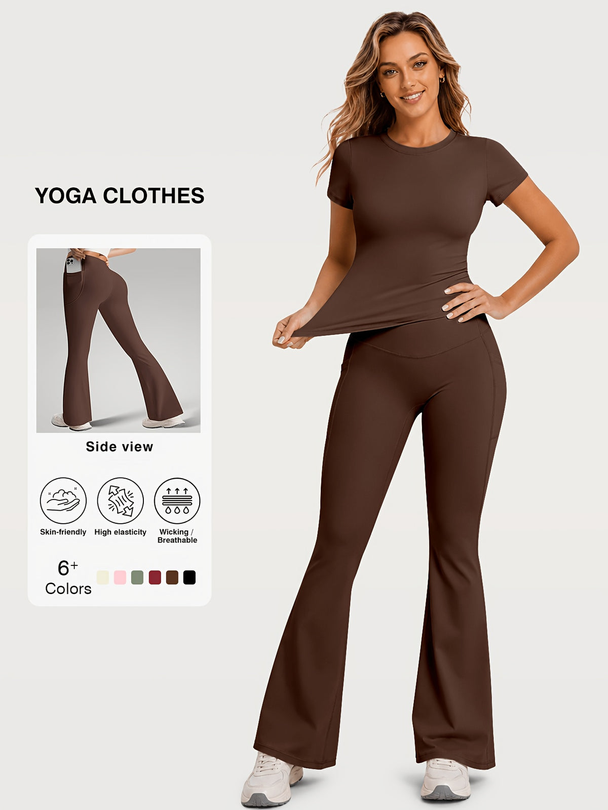 Fitted Tee & Flare Pants Set - Brown