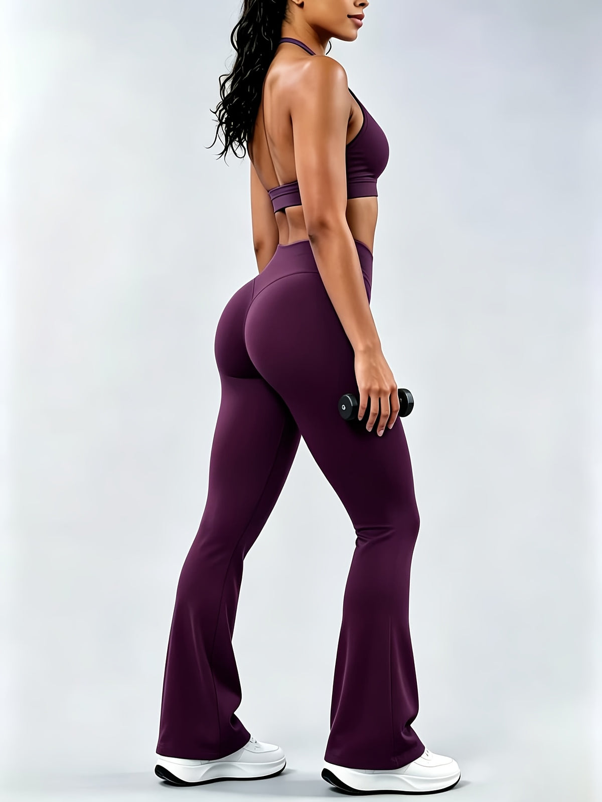 Seamless Halter Bra & Flare Pants Set - Deep Purple