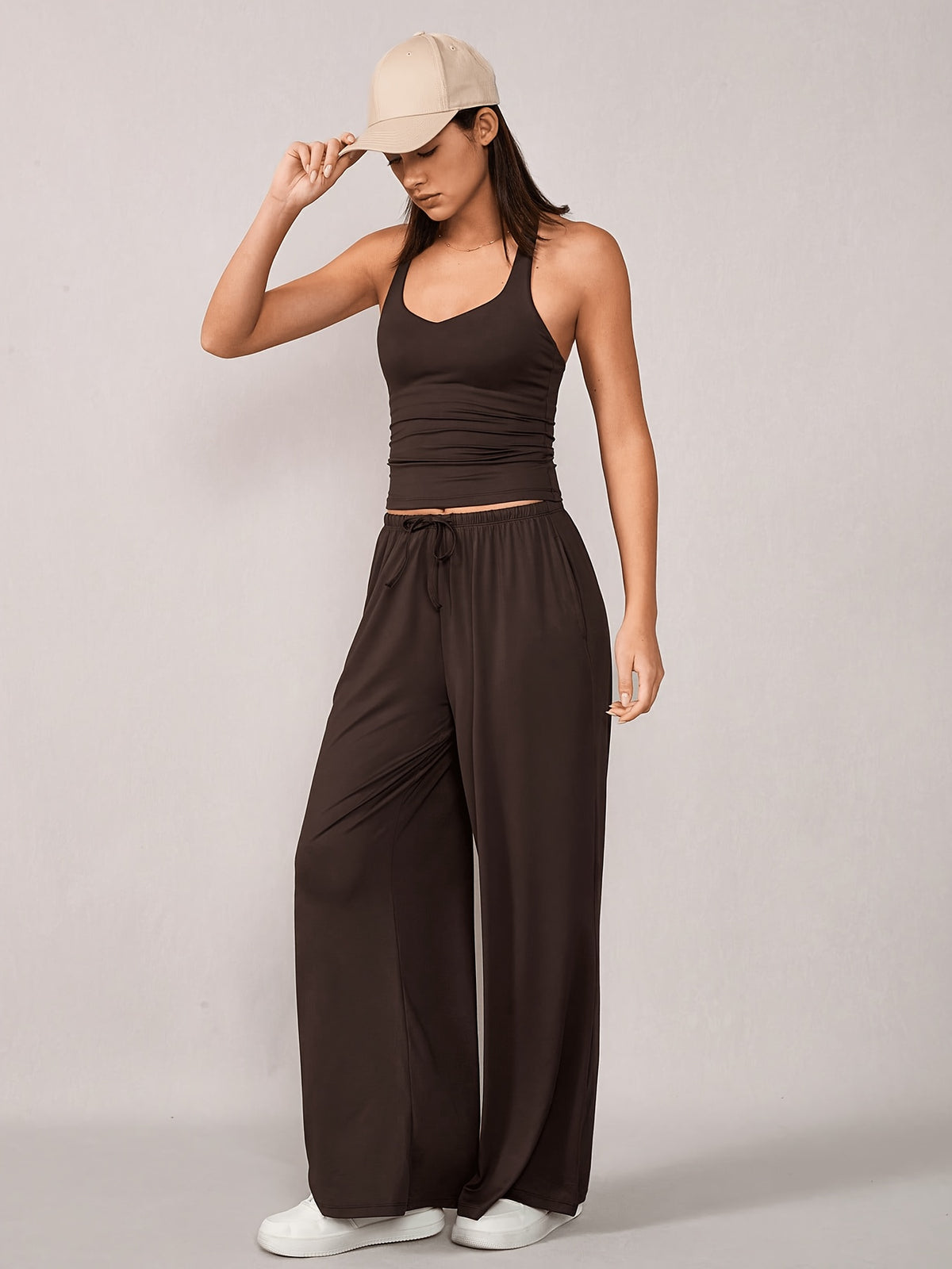 Racerback Tank & Wide Leg Pants Set - Coffee
