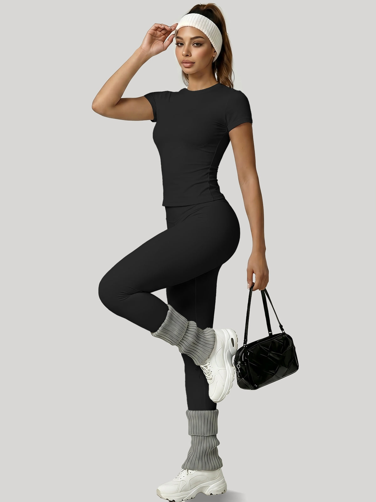 Round Neck Top & Tummy Tuck Leggings Set - Black