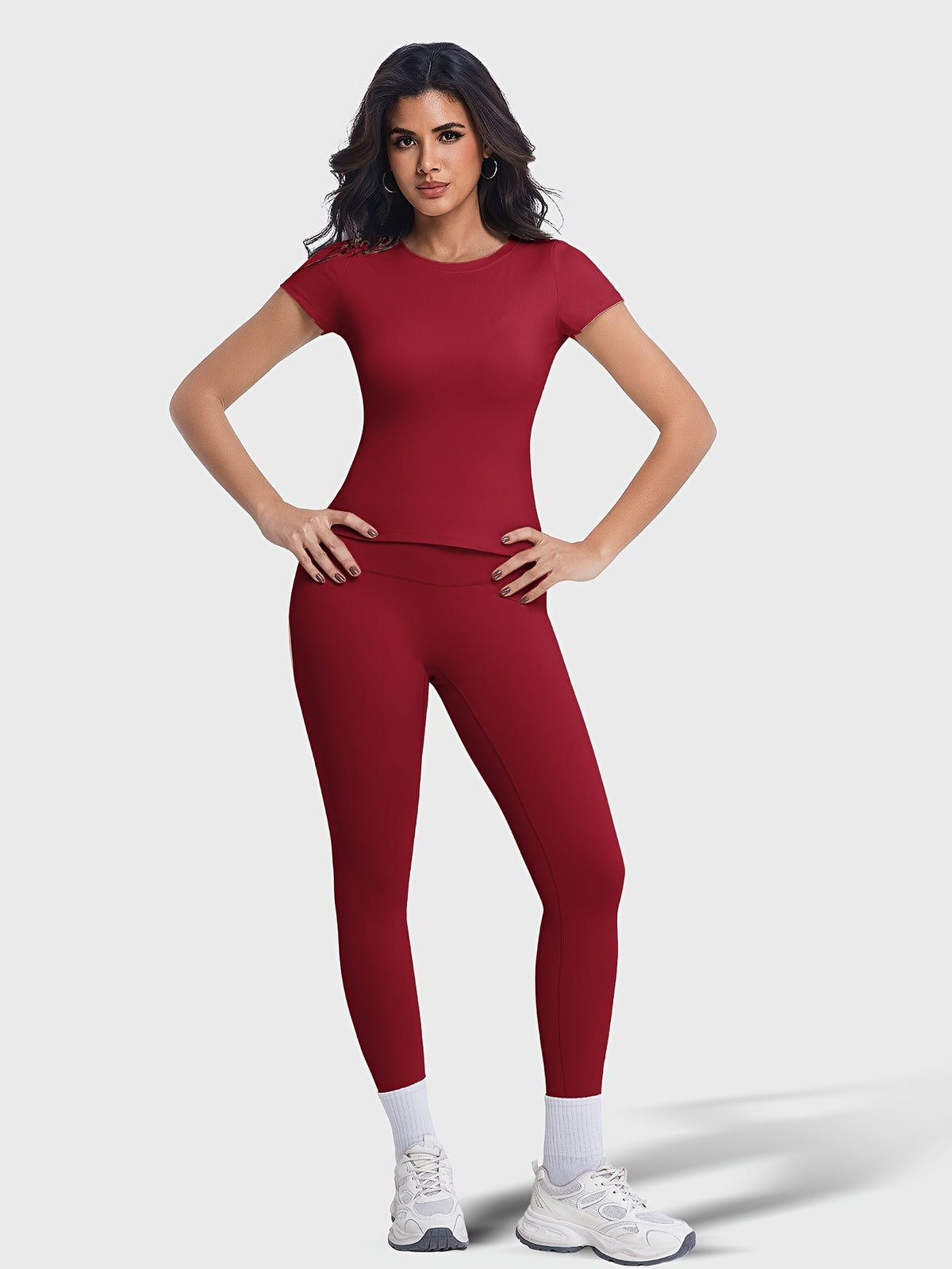 Crew Neck Tee & Leggings Set - Burgundy