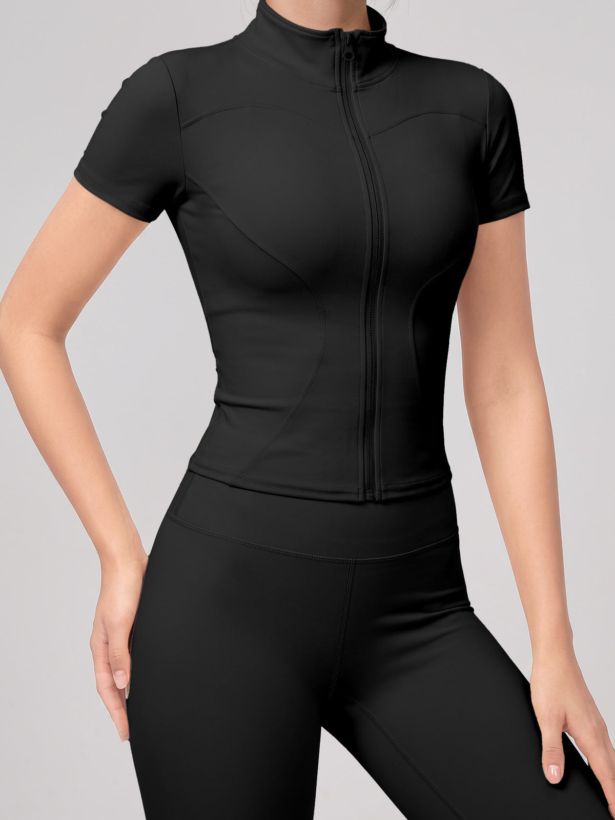 Short Sleeve Zip Top & Leggings Set - Black