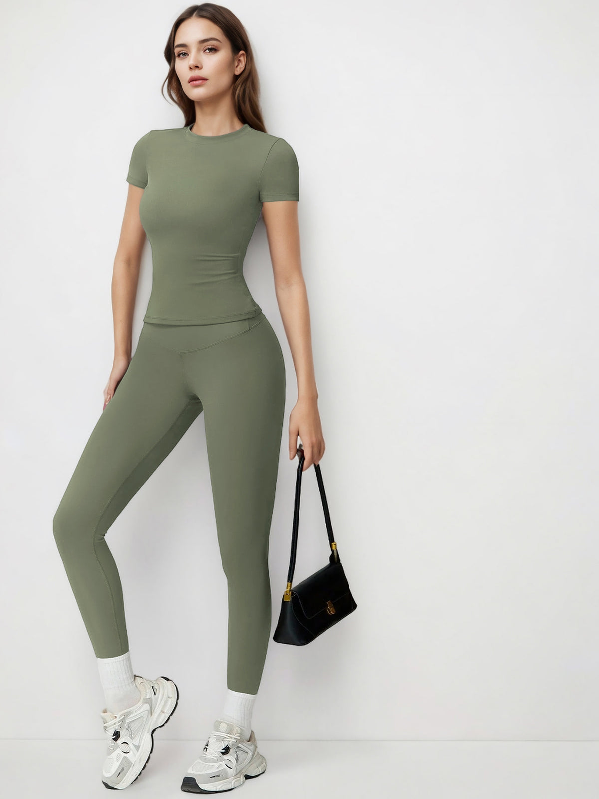 Cropped Tee & Leggings Set - Dark Green