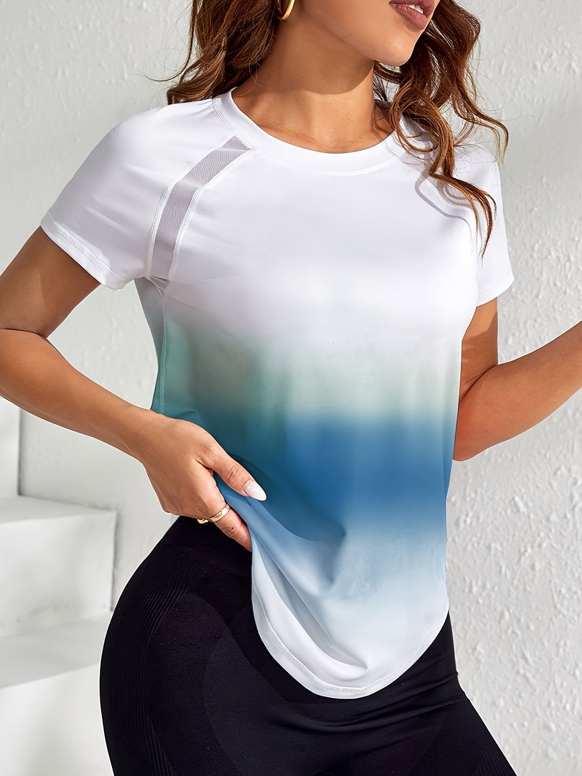 Tie-Dye Mesh Patchwork Sports Tee - Teal Ombre
