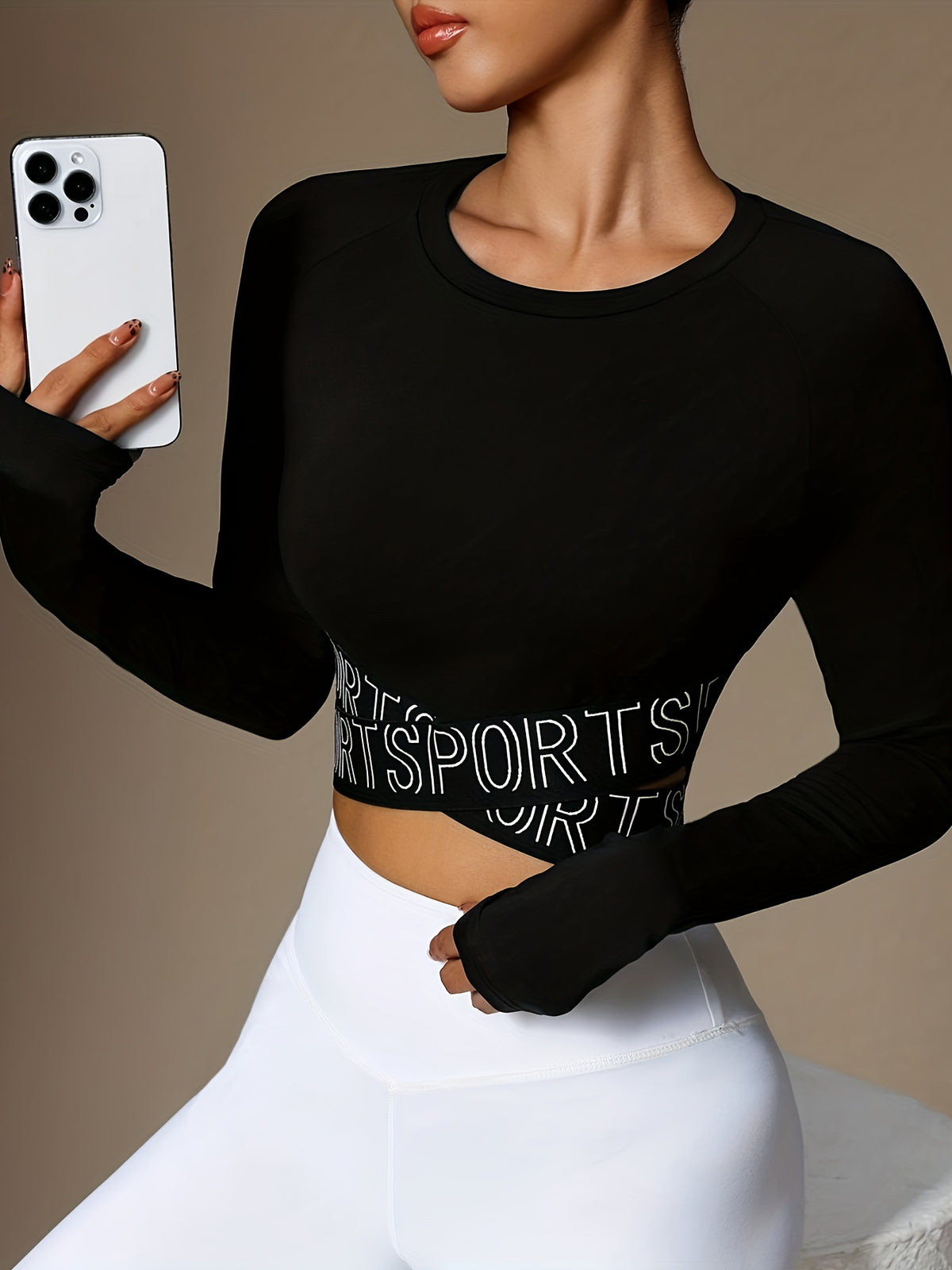 Criss-Cross Letter Strap Long Sleeve Top - Black