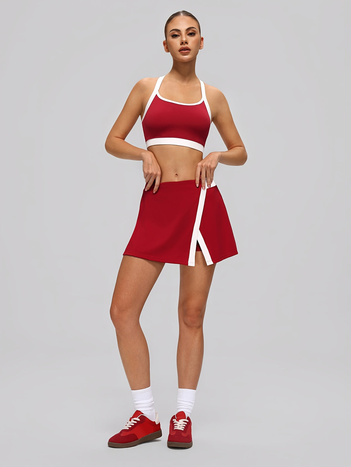 Tennis Bra & Slit Skirt Set - Red