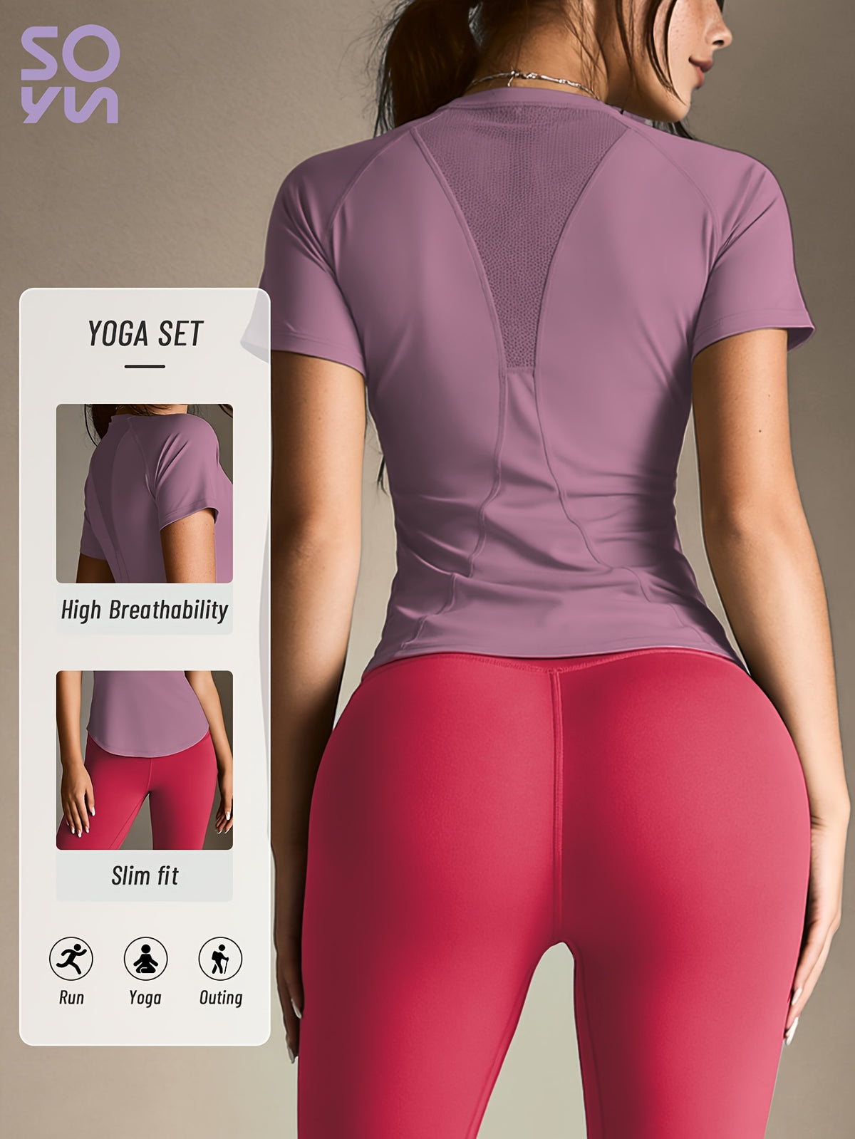 Mesh Cutout Tee & High Waist Leggings Set - Light Purple & Rose Red