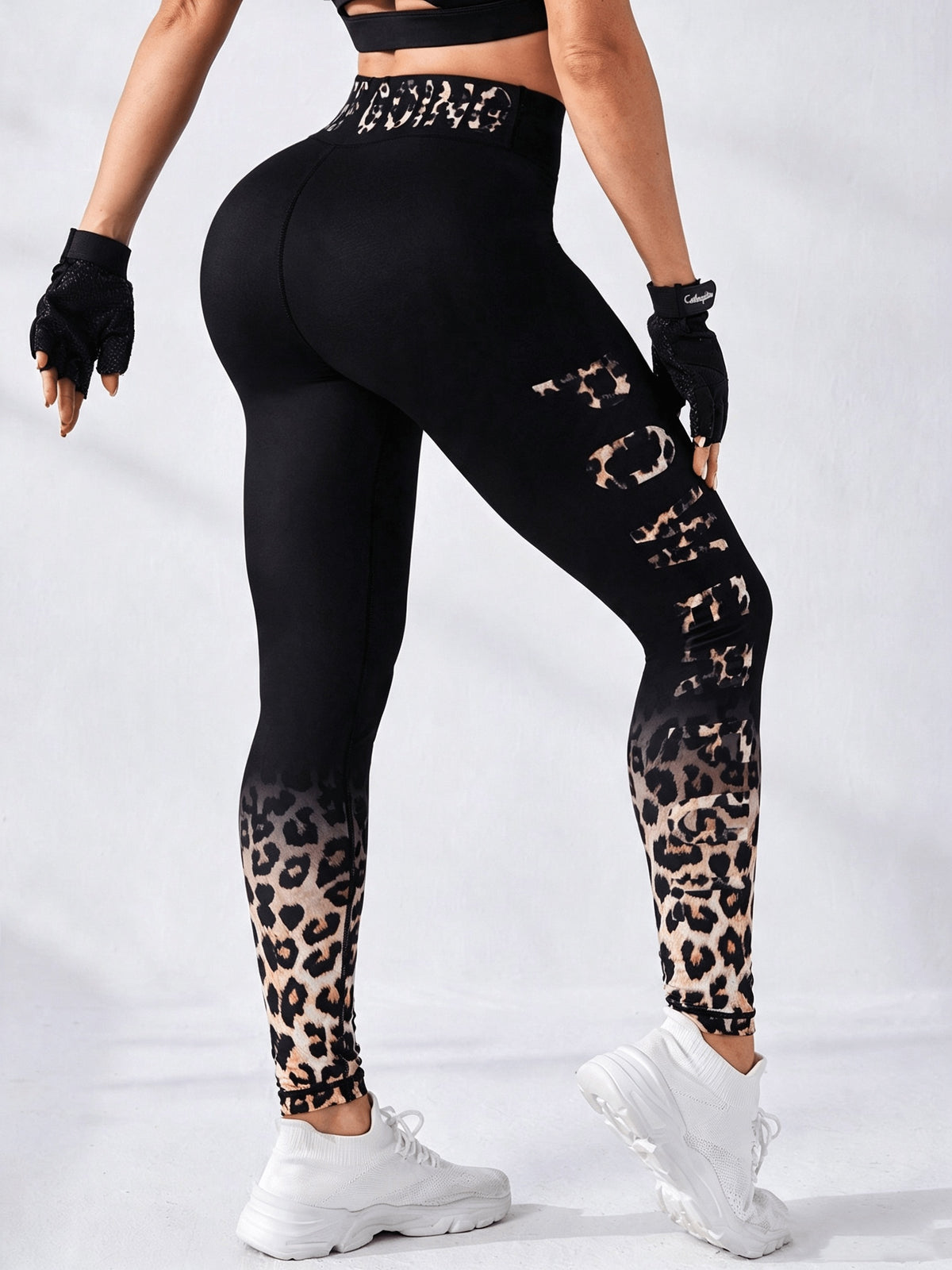 Leopard Letter Waistband Leggings - Black