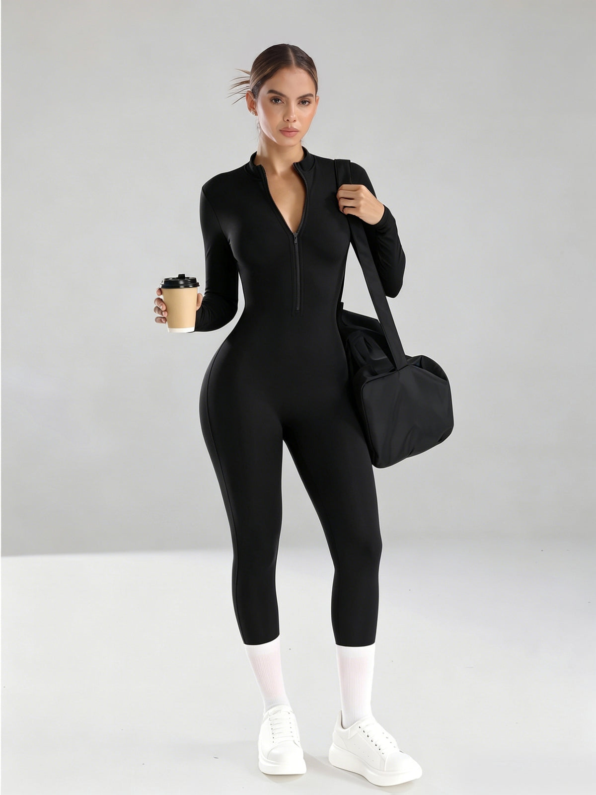 Half Zip Stand Collar Unitard - Black