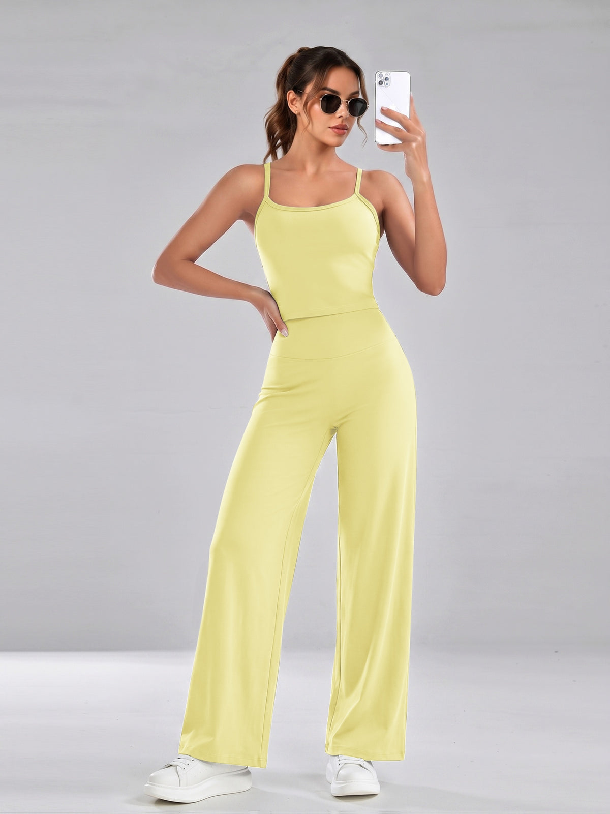 Cross Back Cami & Wide Leg Pants Set - Yellow