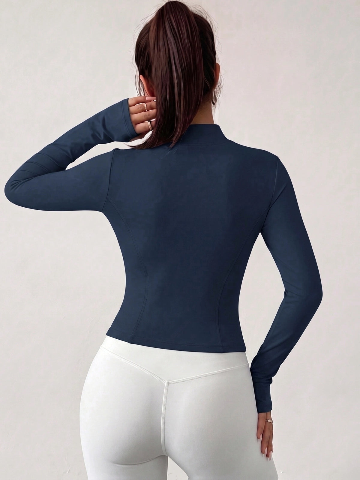 High Neck Thumbhole Zip Jacket - Navy