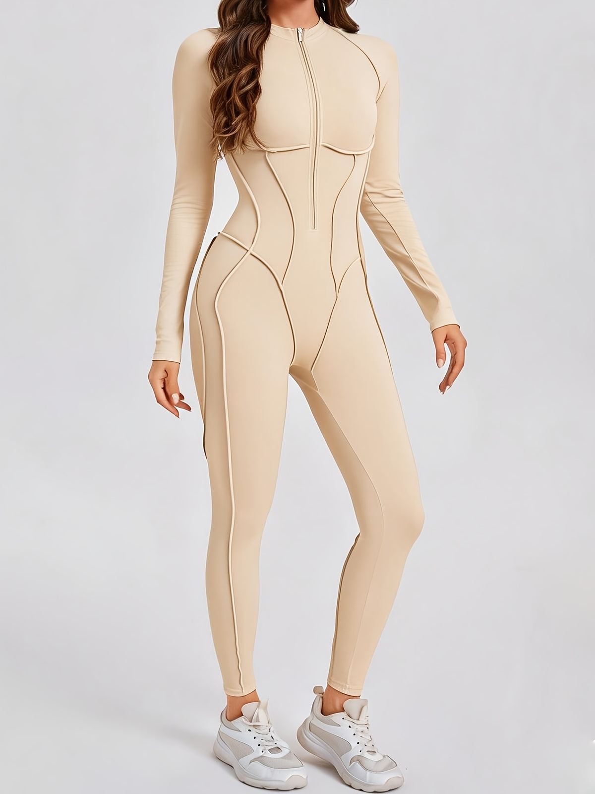 Half Zip Long Sleeve Jumpsuit - Oatmeal Apricot