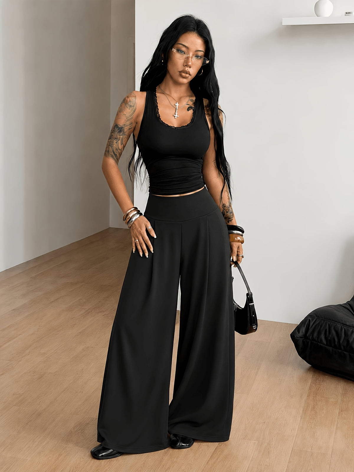 Front Pleated Wide Leg Palazzo Pants - Black