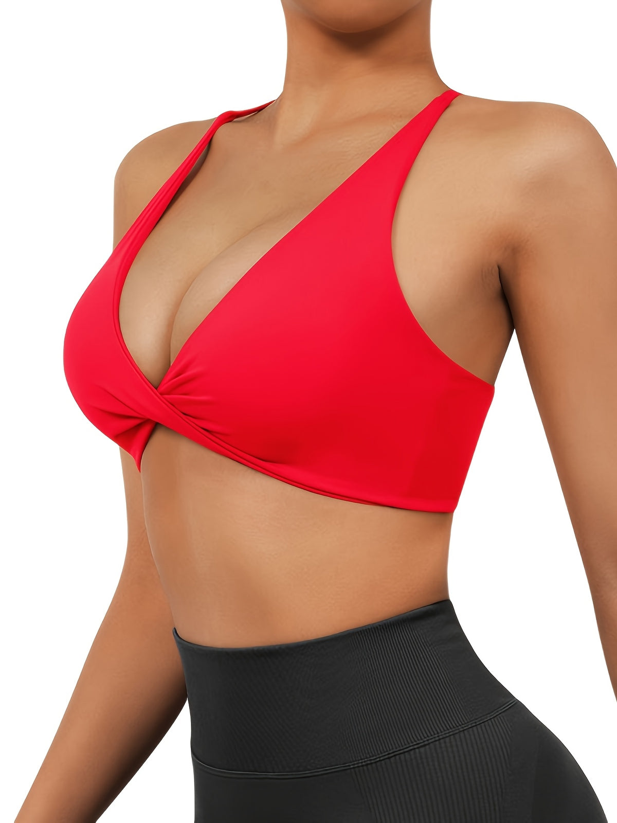 V-Neck Cross Strap Basic Sports Bra - Scarlet Red