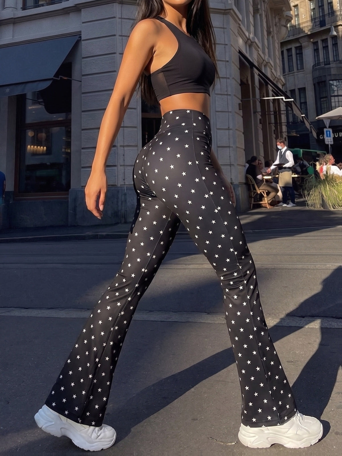 Star Print Flare Yoga Pants - Black Print