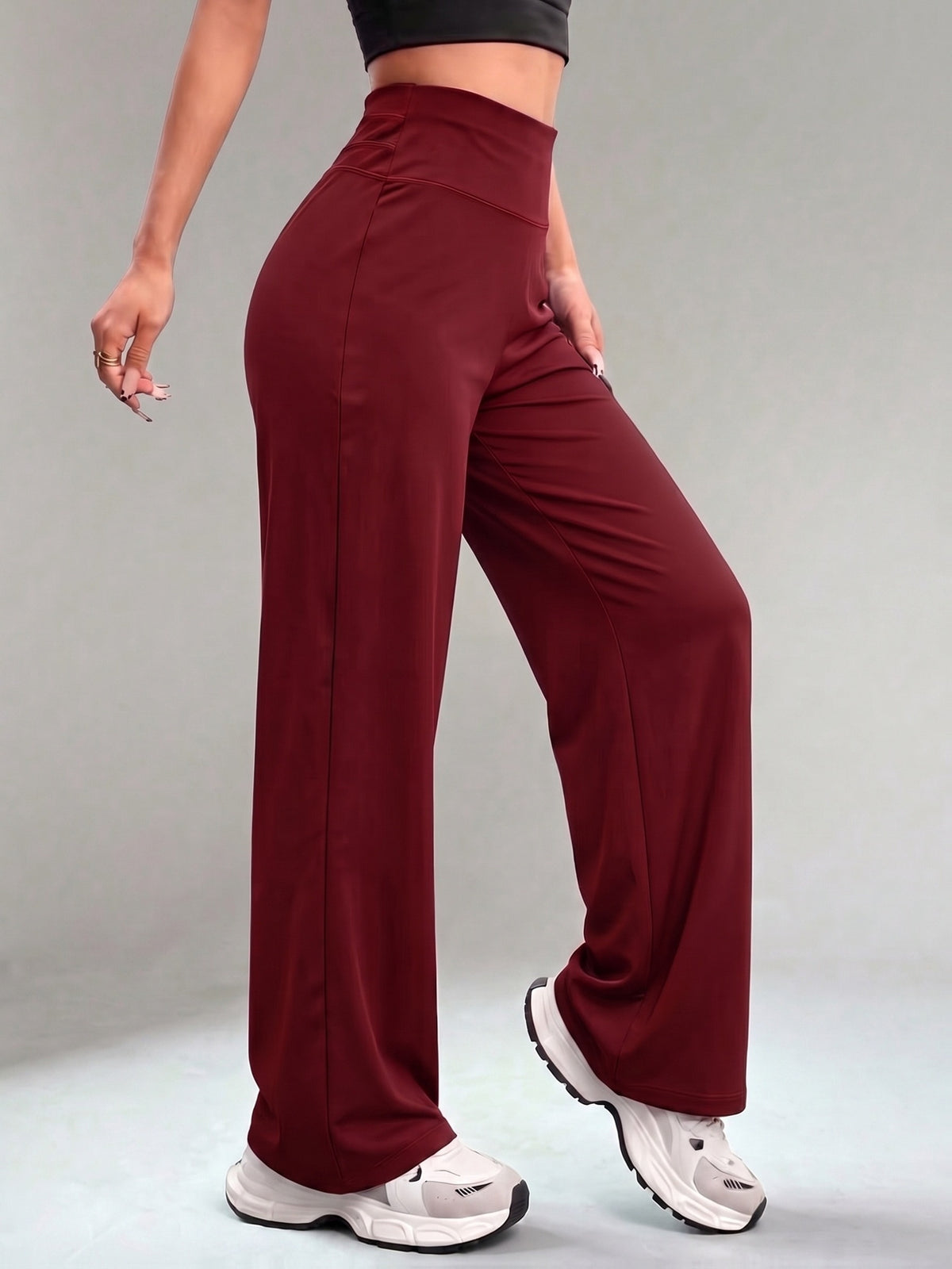 Wide Band Draped Straight Leg Pants - Burgundy