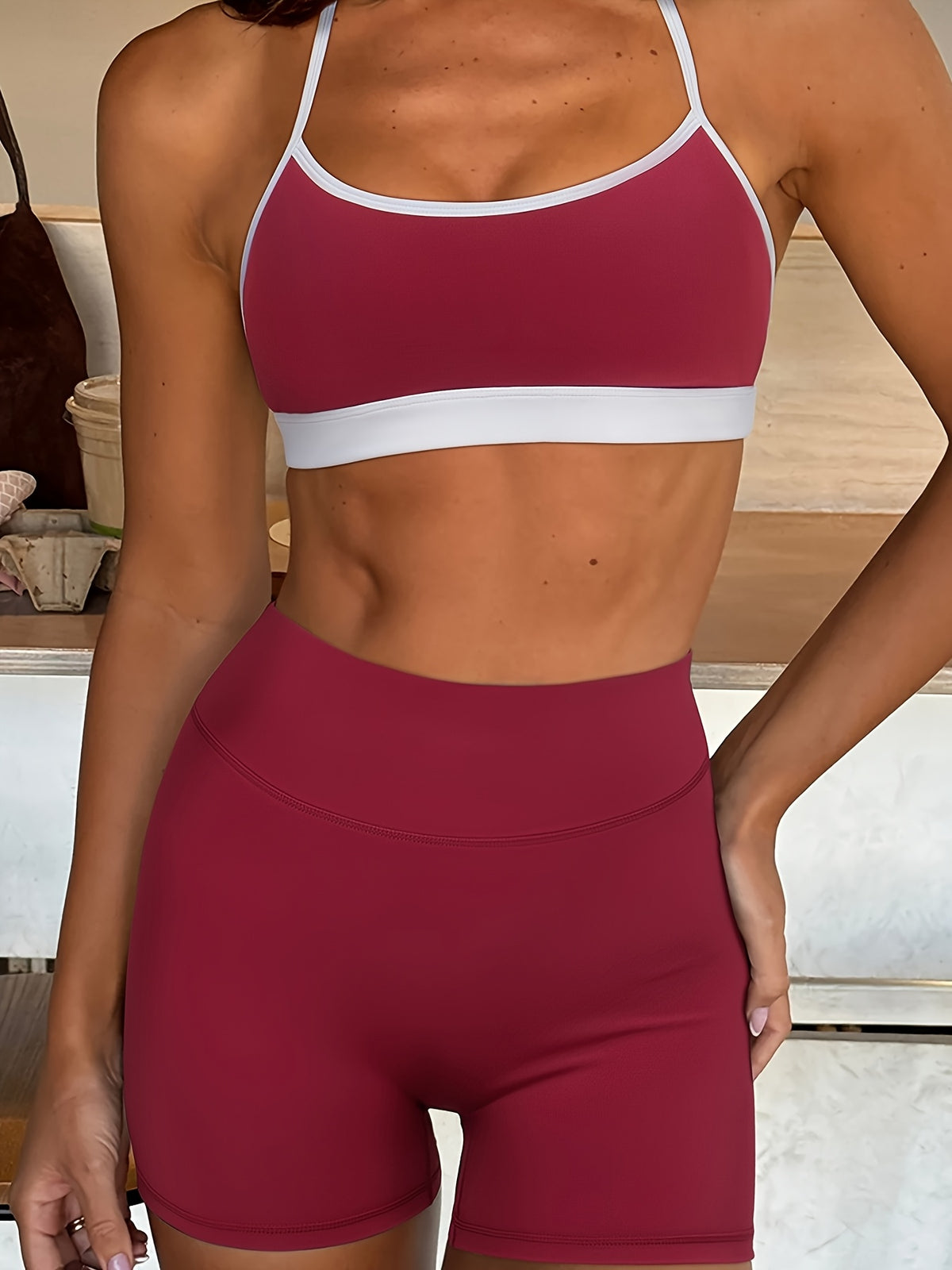 Halter Neck Tank & Lifting Shorts Set - Burgundy