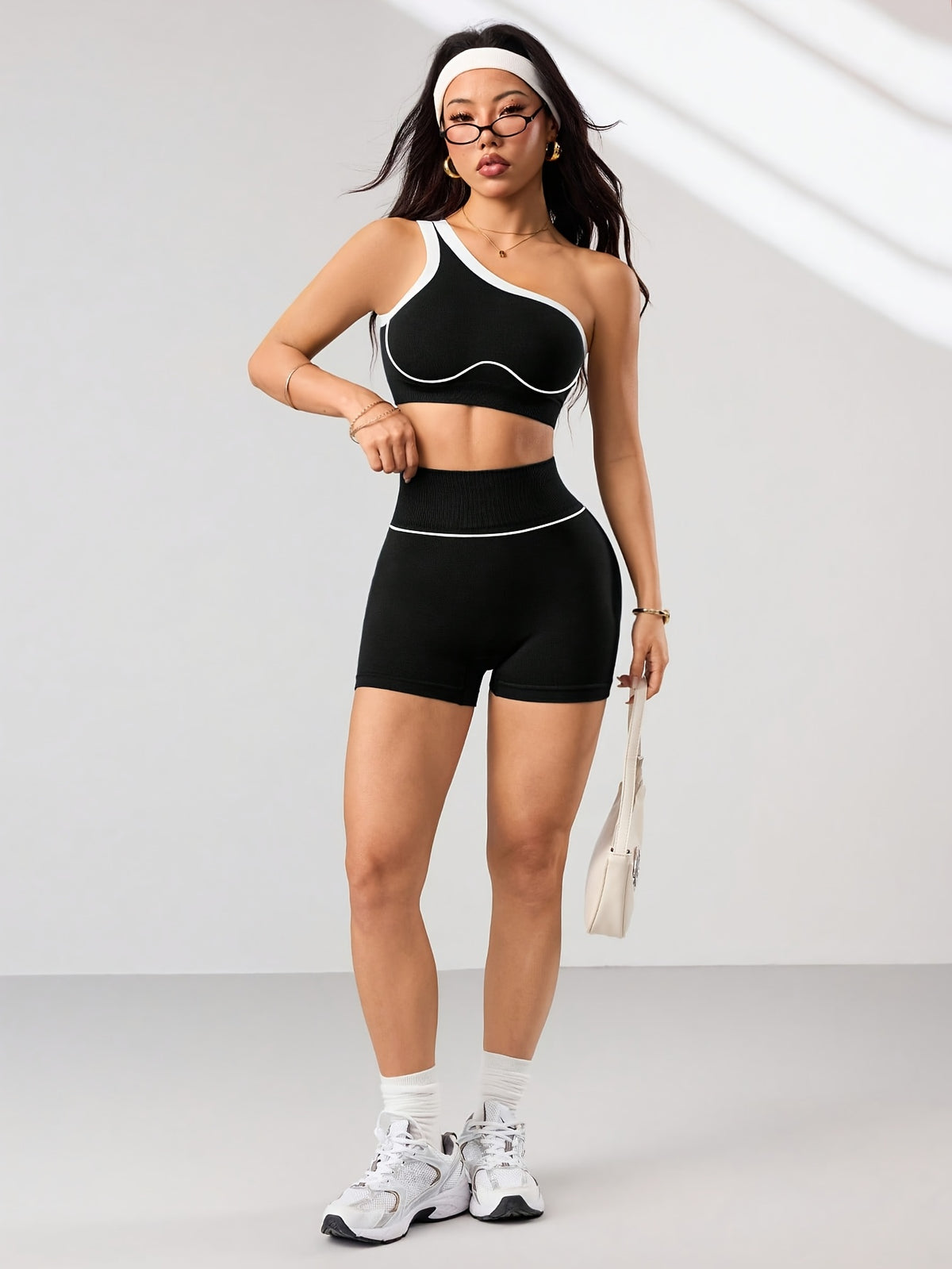 One Shoulder Bra & Shorts Set - Black
