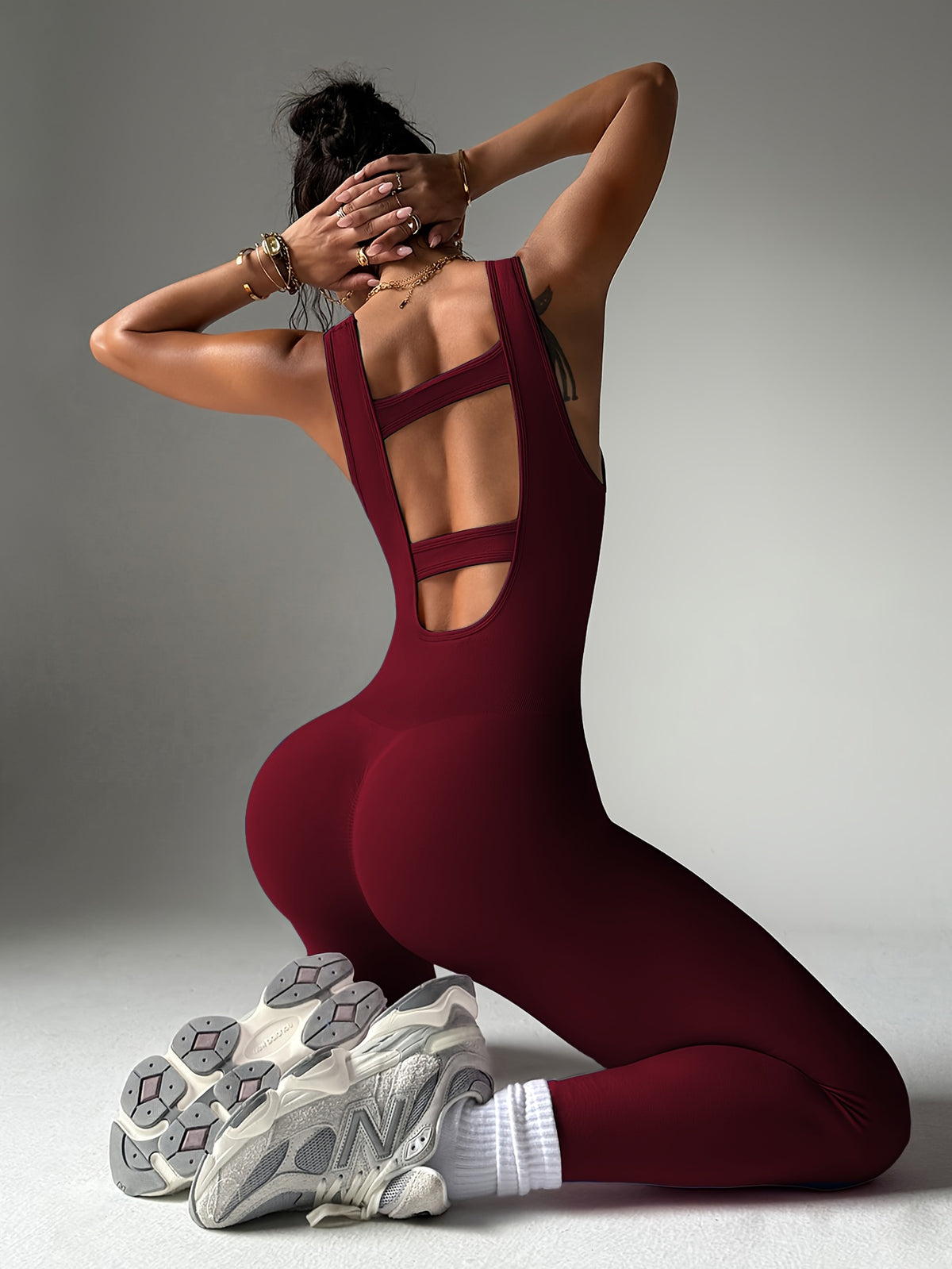Open Back Square Neck Jumpsuit - Burgundy