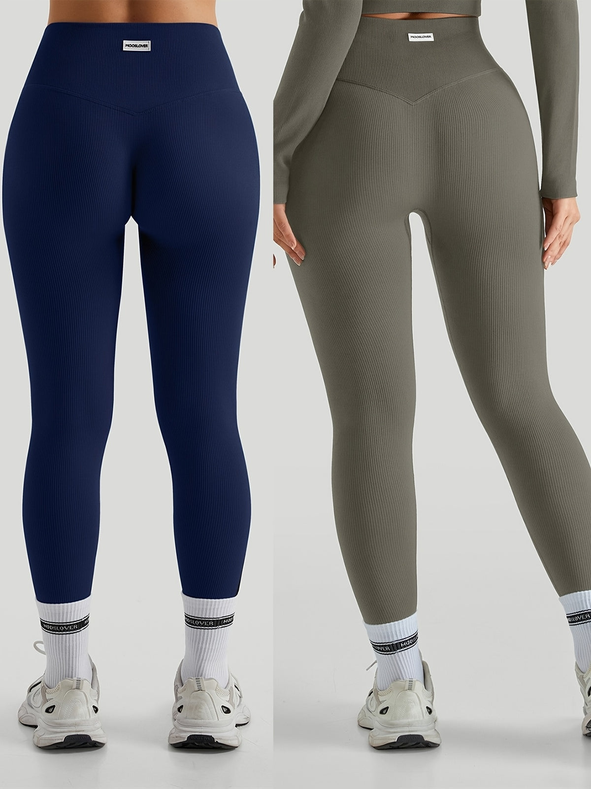 2 Pack Ribbed Tummy Control Leggings - Navy & Olive Green