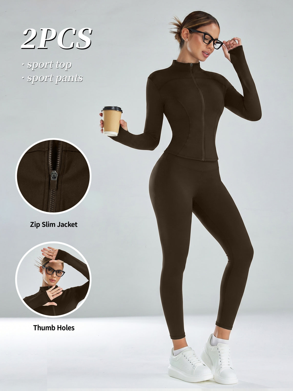 Mock Neck Track Jacket & Leggings Set - Coffee Brown