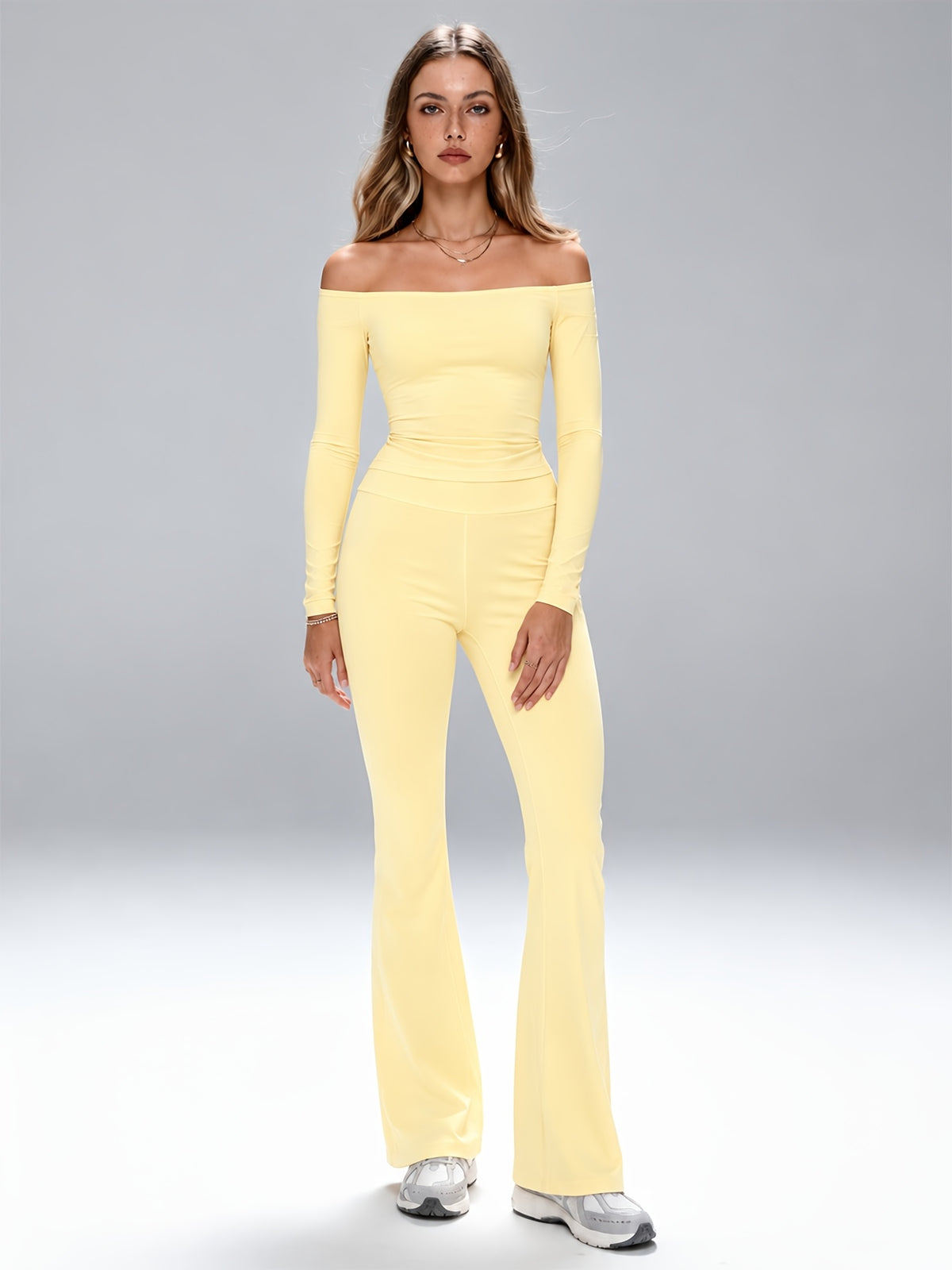 Off-Shoulder Top & Flared Joggers Set - Cream Yellow