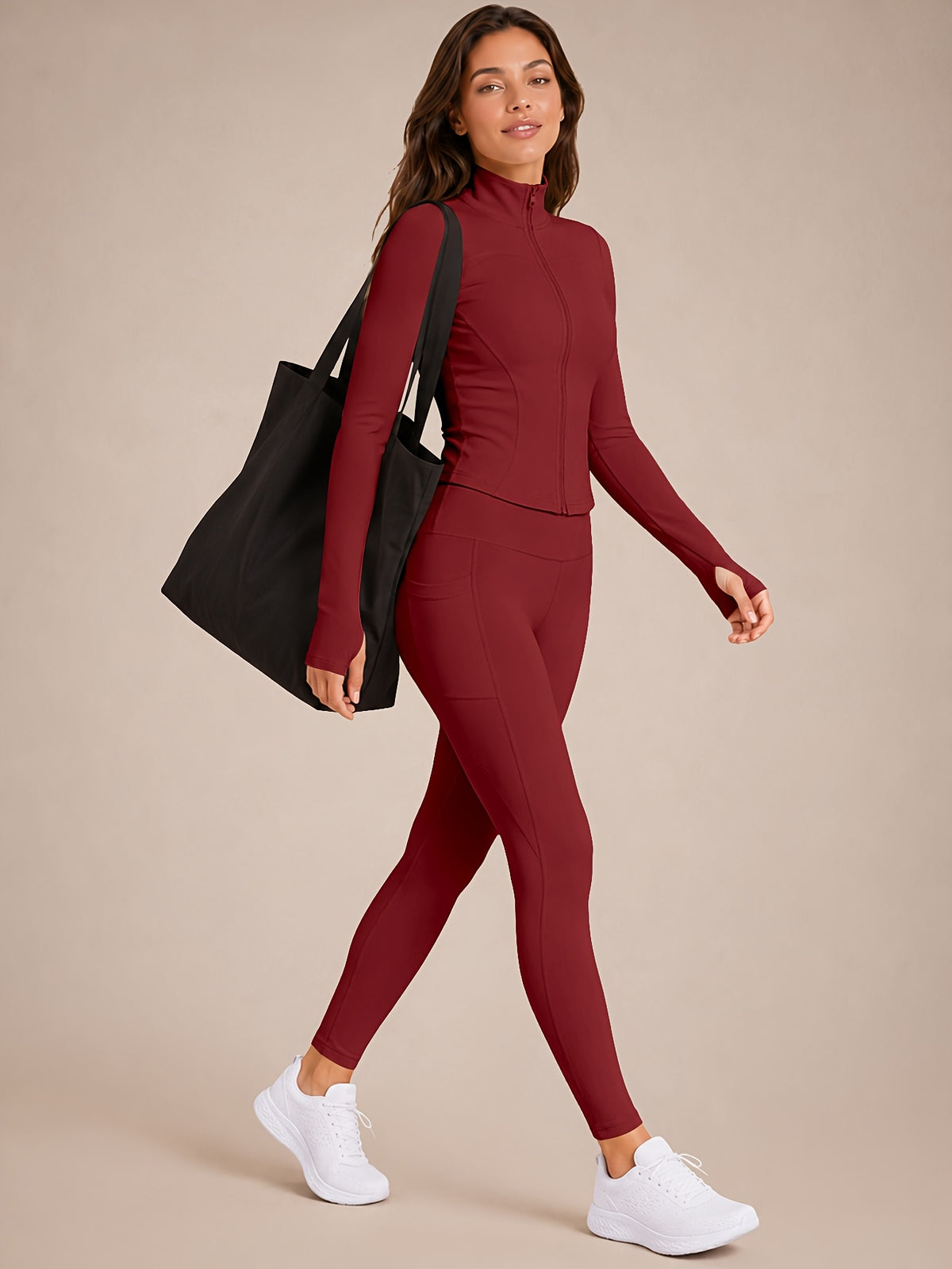 Stand Collar Jacket & Leggings Set - Burgundy