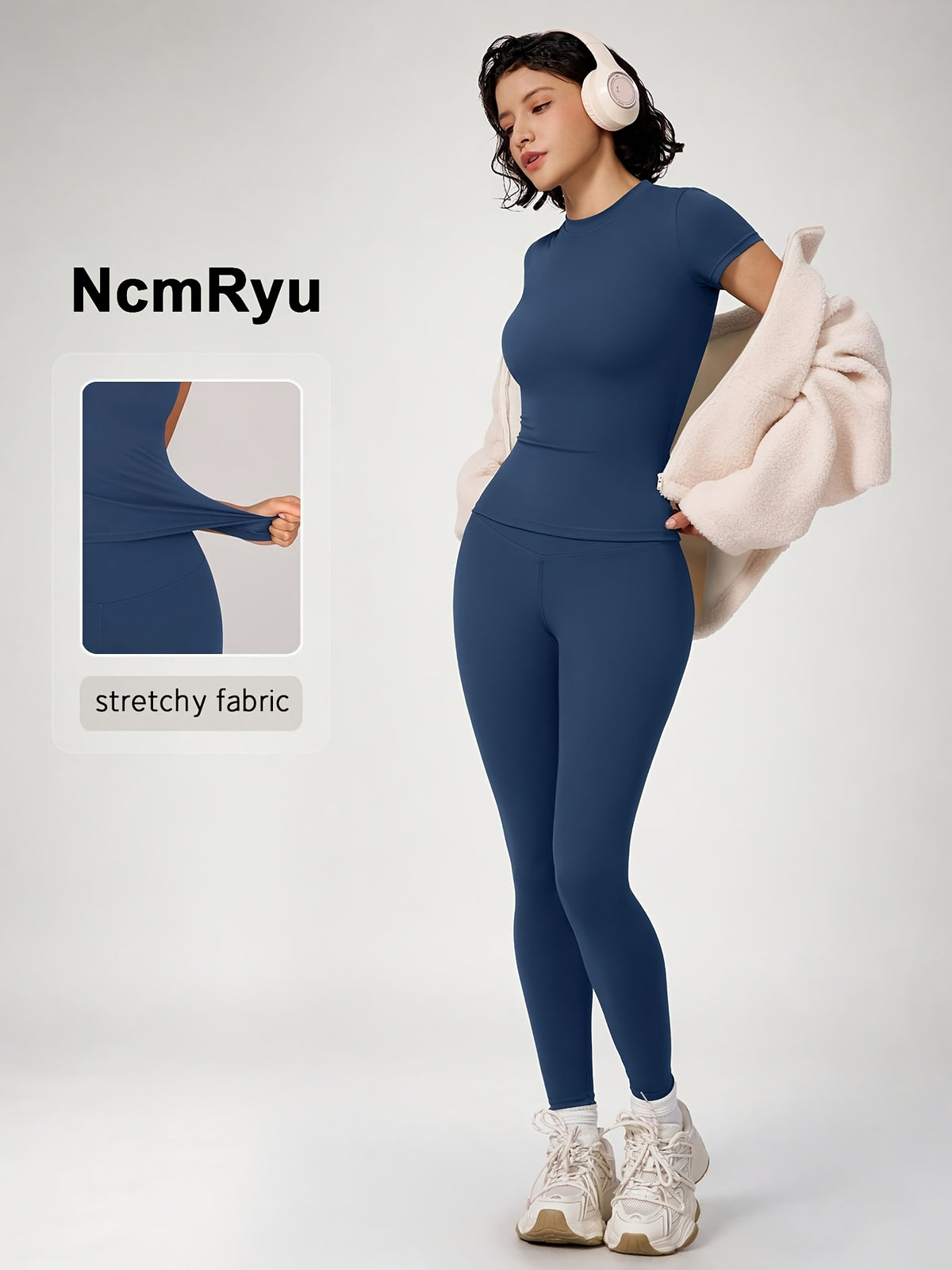 Crew Neck Crop Tee & Leggings Set - Navy