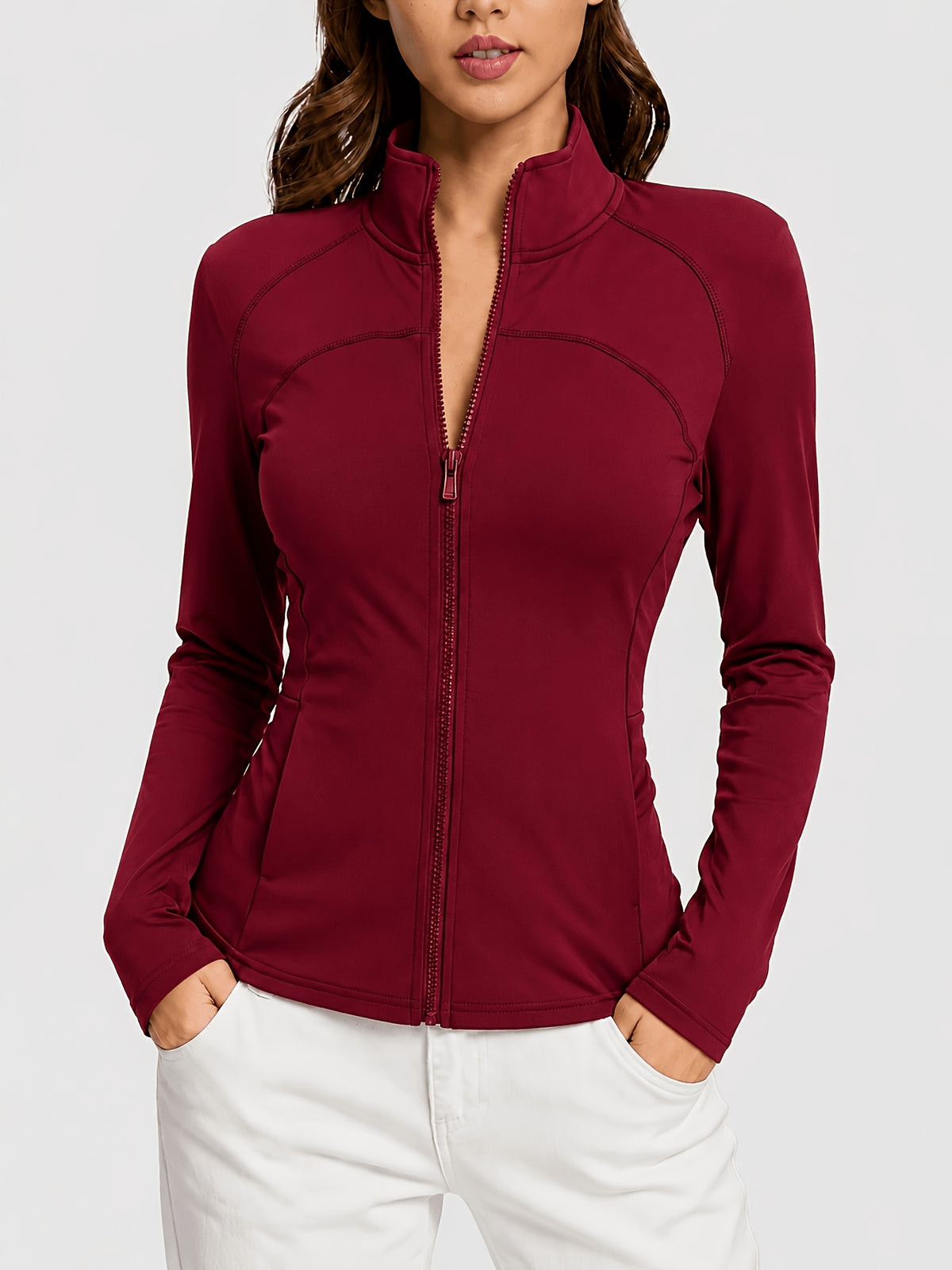 Stand Collar Double Sided Zip Jacket - Burgundy