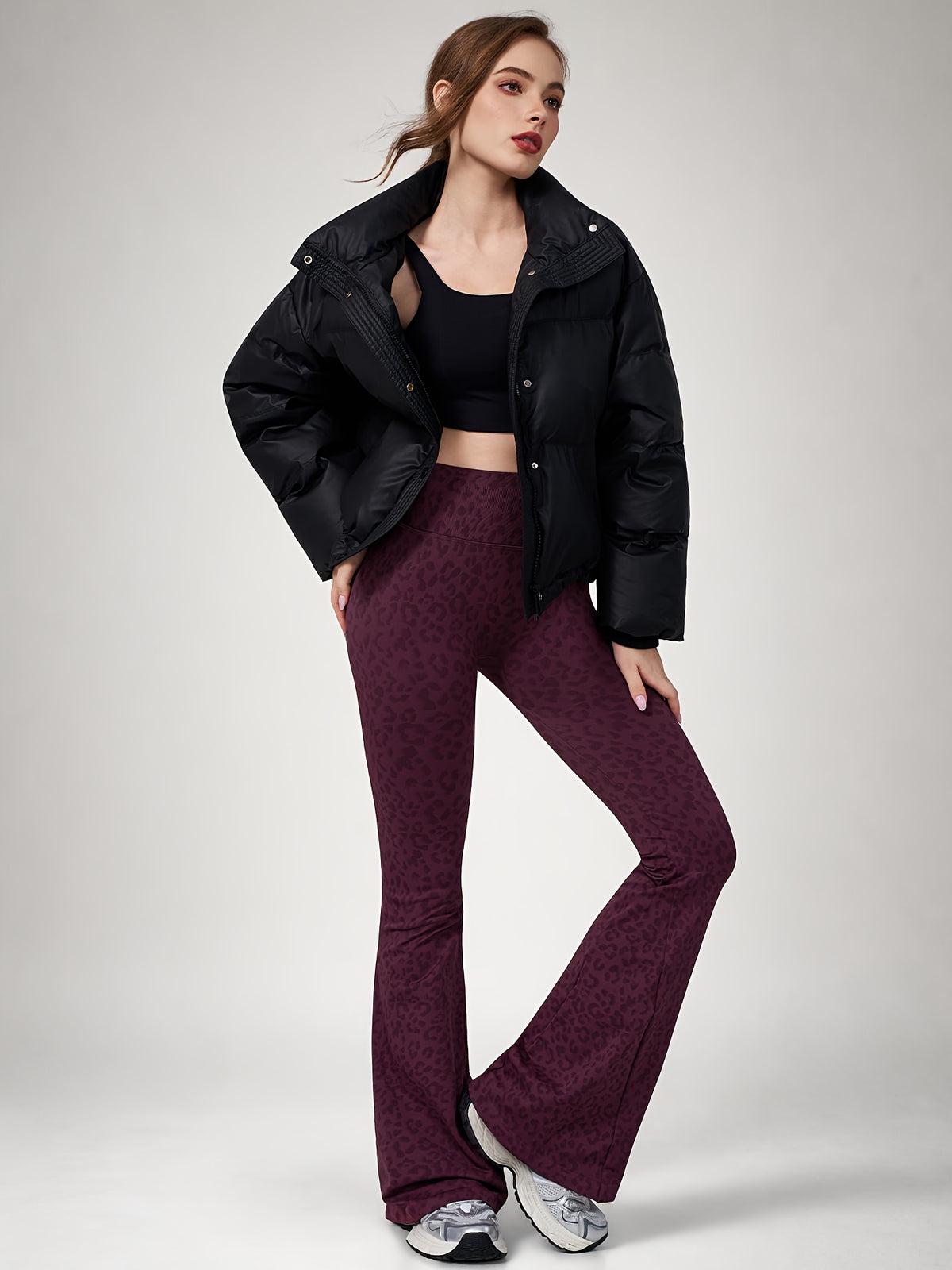 Leopard Print Flare Leggings - Plum