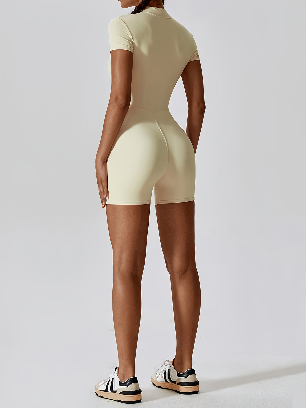 Short Sleeve Zip Front Shorts Bodysuit - Apricot