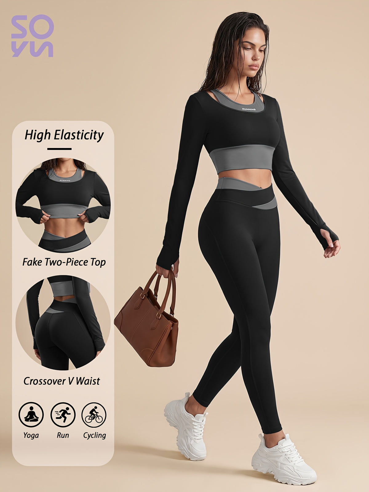Faux Two-Piece Contrast Top & Leggings Set - Black