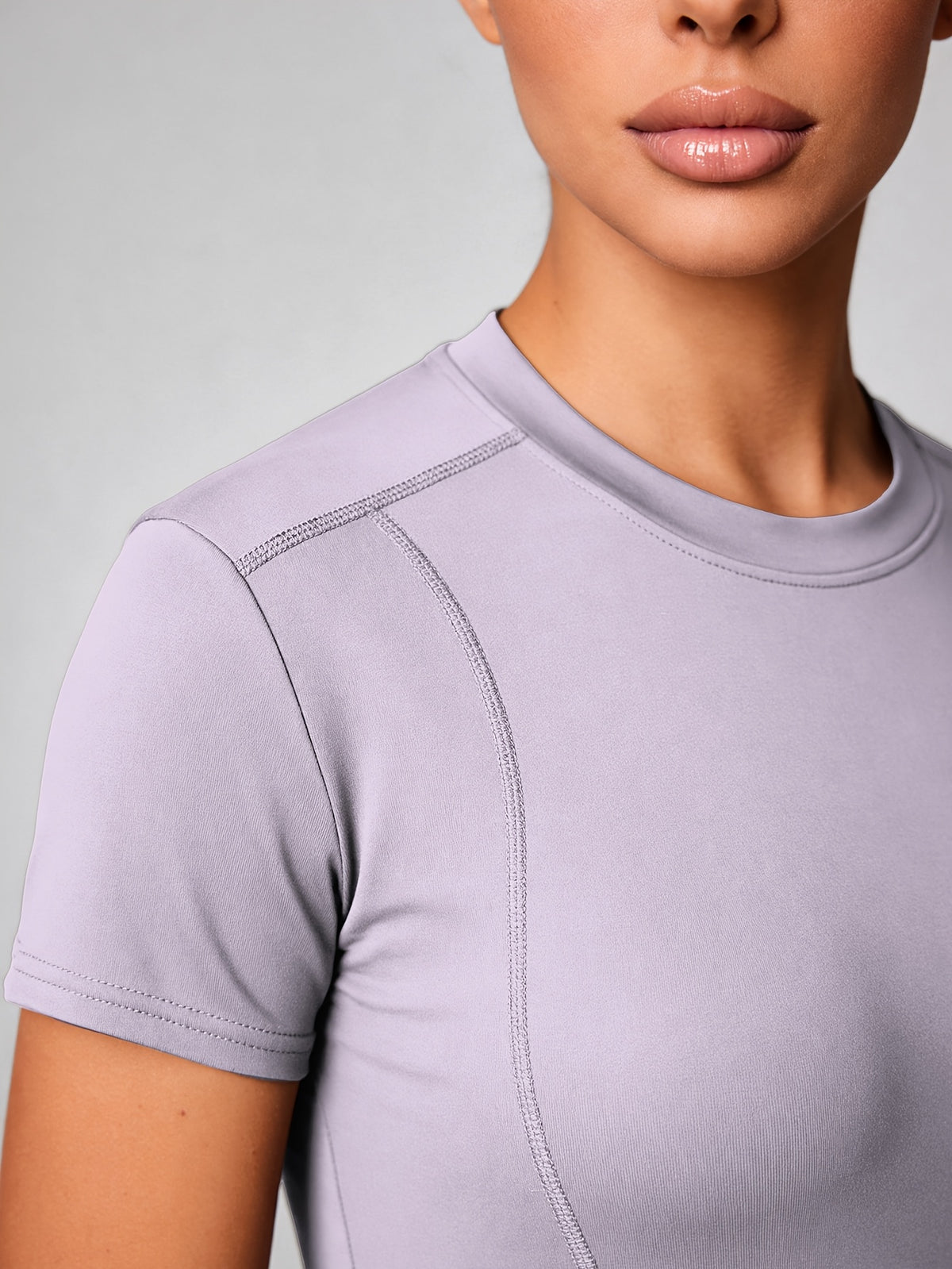Quick-Dry Round Neck Yoga Tee - Light Purple