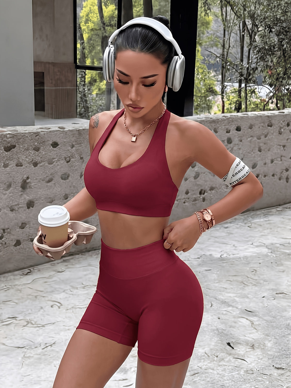 Halter U Neck Bra & Shorts Set - Angola Red