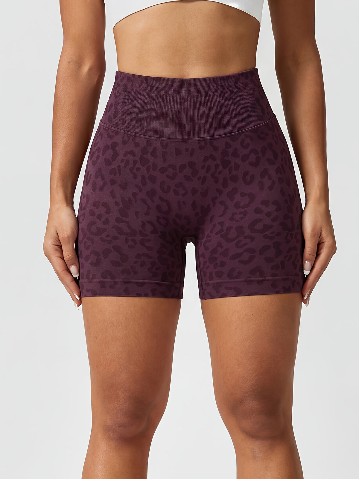 Leopard Seamless Ribbed Biker Shorts - Plum